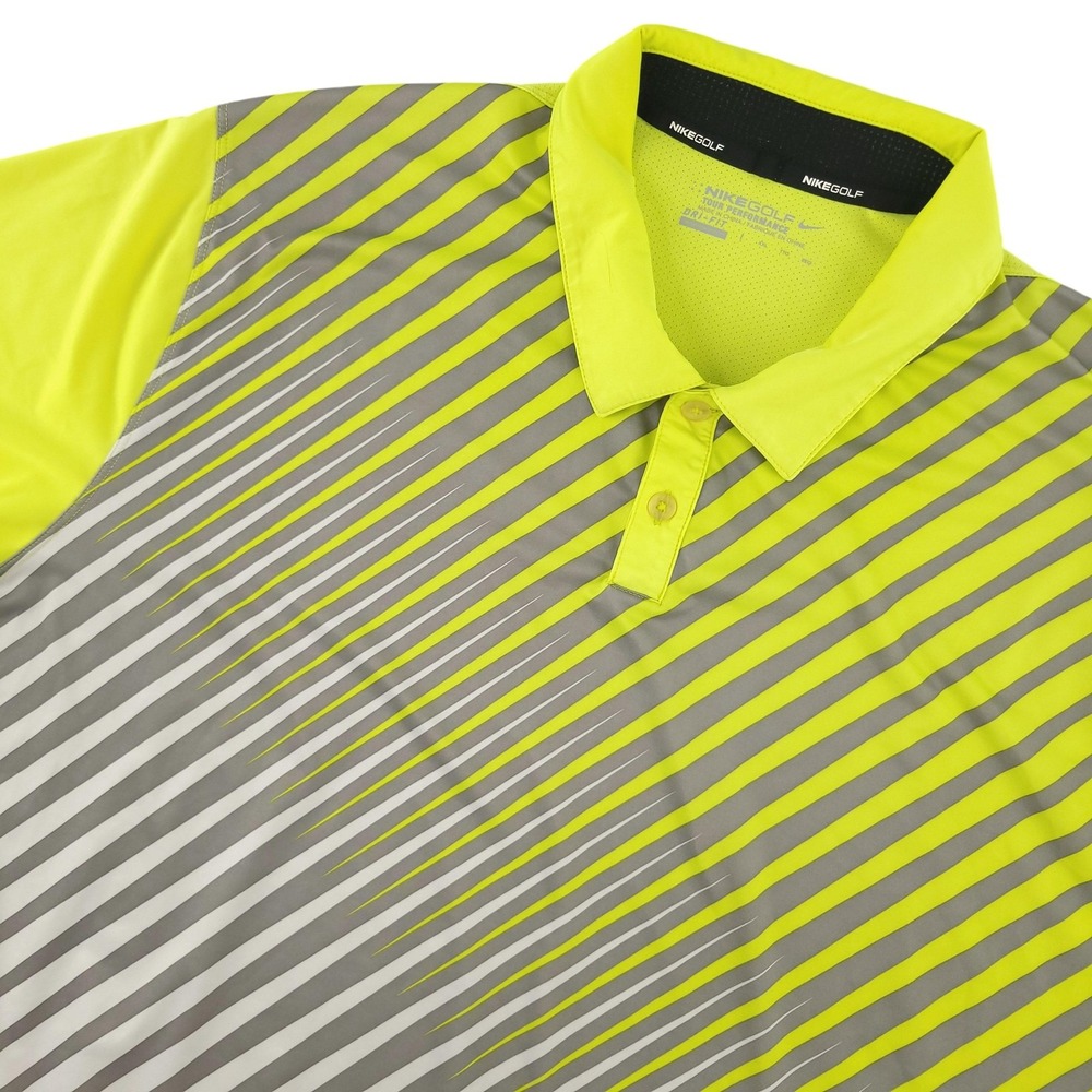 Nike Golf Dri-FIT Polo Shirt Mens L Yellow Gray Stripe Golf Tour Performance Top